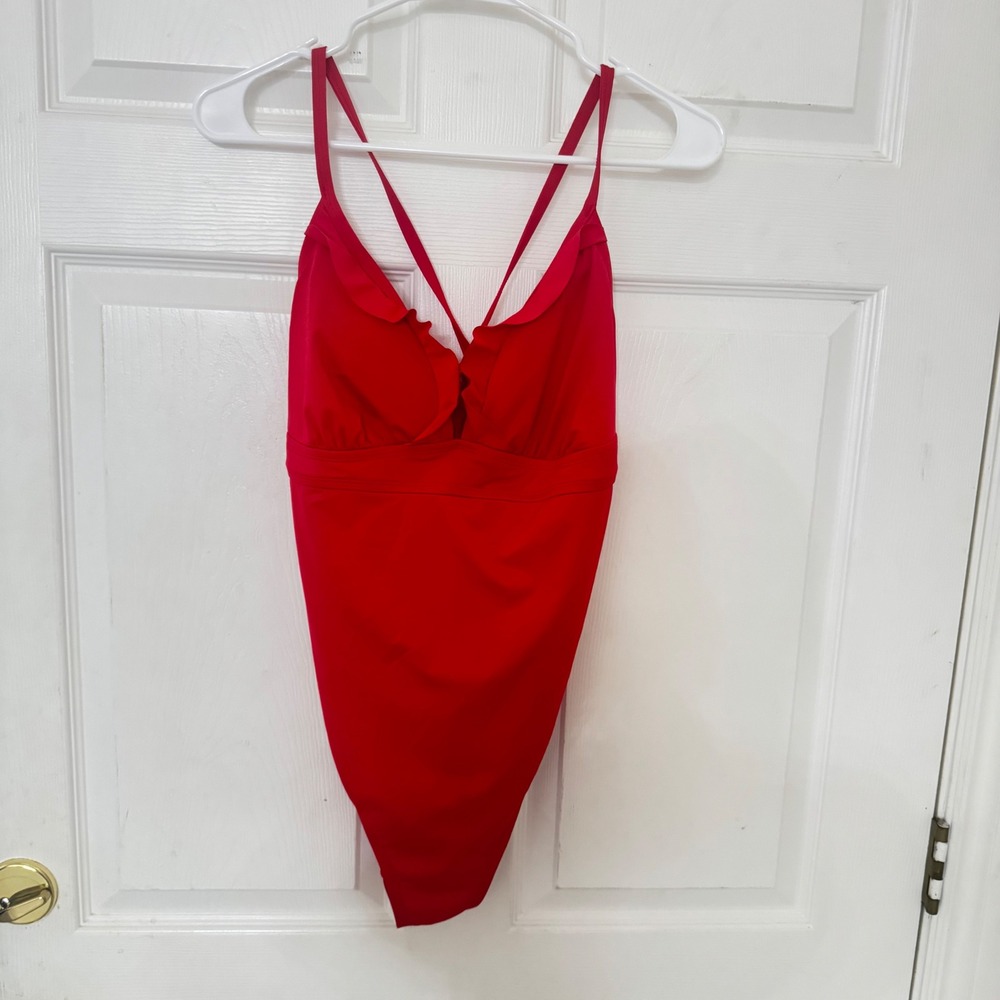 Shade & Shore Womens‎ Ruffle Lace Up Back One Piece Swimsuit Red XL